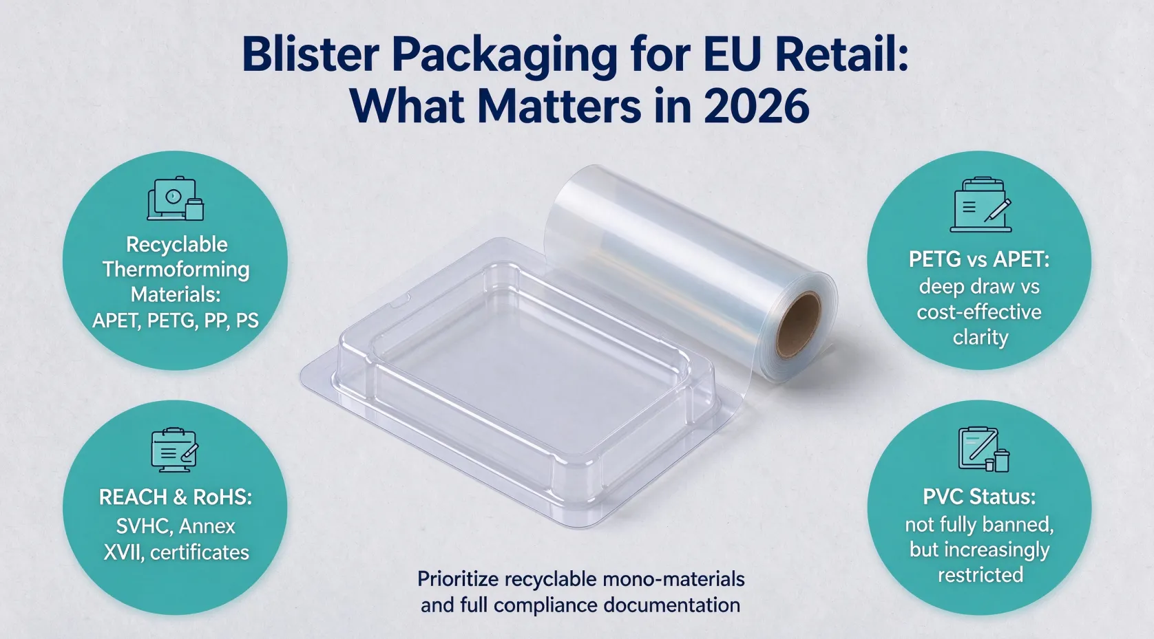 Sustainable Blister Packaging for EU 2026: Recyclable Materials, PETG vs APET, REACH/RoHS & PVC Retail Limits